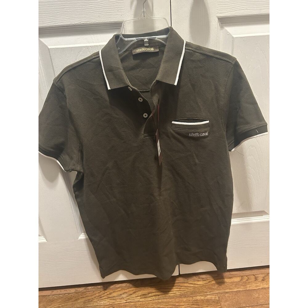 NWT ROBERTO CAVALLI EMBROIDERED POLO SHIRT Olive Green MEDIUM